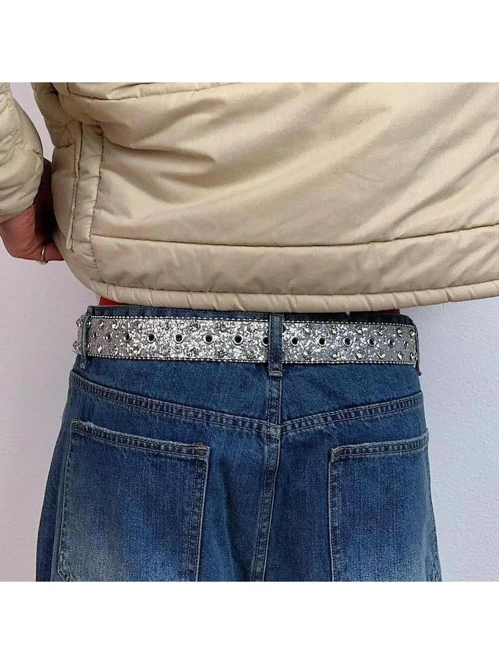 Y2K Cyber Punk Silver Gray Stone Belt 41 Inch